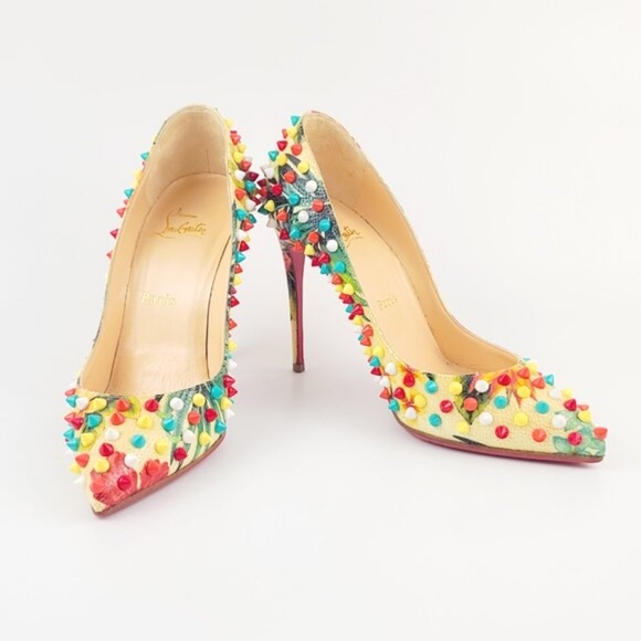 Christian Louboutin HAWAII SPIKE FOLLIES Pumps Multicolor Floral Heels Size 36.5 - Picture 5 of 7